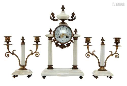 French 3 Piece Bronzed & Marble Candelabra Mantle Clock