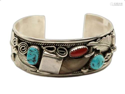 Vintage Navajo Large Sterling Silver Turquoise Coral