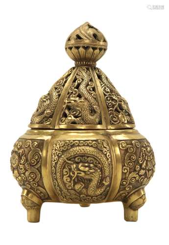 Buddhist Brass Dragon Censer with Cover