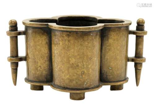 Chinese Gild Splashed Quatrefoil Bronze Censer