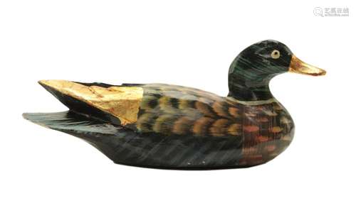 Hand Painted Wood Duck - Green with Gold Leaves