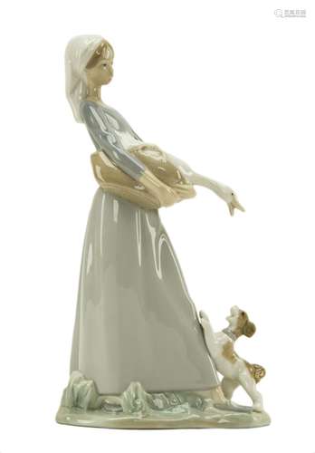 Lladro Lady with Duck and Dog Figurine