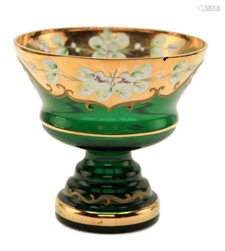 Bohemia Crystal Emerald Green Stem Bowls Gold Painted