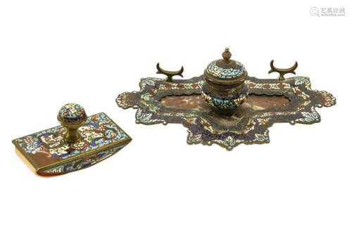 French Brass & Champleve Enamel Inkwell & Blotter Set