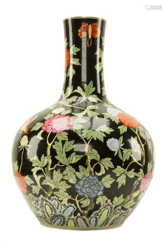 Chinese Famille Noire Black Ground Bottle Neck Vase