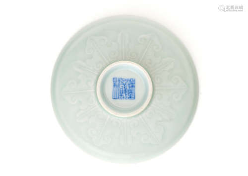 Daoguang six character seal mark in underglaze blue A celadon glazed moulded 'bat' dish