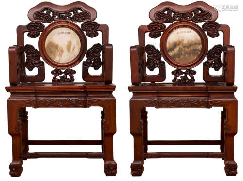 Late Qing dynasty to Republic period, by Li Jiren A pair of hongmu armchairs with 'dream-stone' marble insets