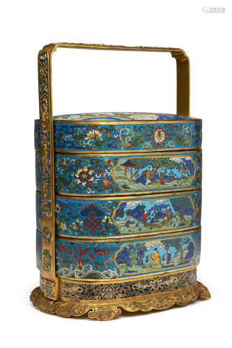 Qianlong four-character incised mark A cloisonné and gilt bronze three-tiered picnic box and cover