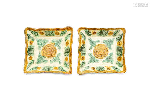 Liao dynasty, 11th century or later A pair of sancai moulded square dishes
