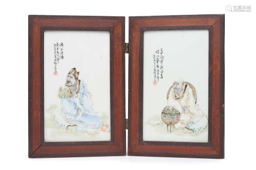 Signed Taomi Daoren Wang Qi, dated gengwu year (1930) Two famille-rose painted ceramic plaques