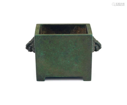 Two-character embossed seal mark to the base A square bronze censer with 'lion' handles
