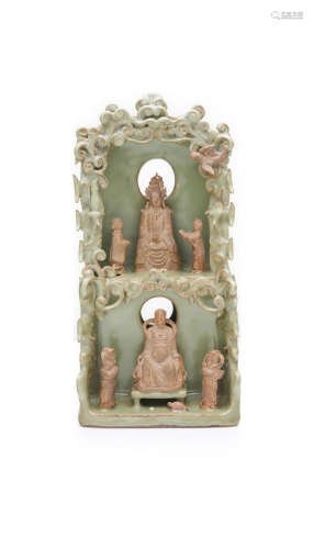 A longquan celadon glazed grotto of Zhenwu and Guanyin with their attendants