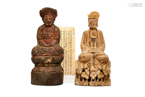 19th century Two carved wooden figures of Guanyin