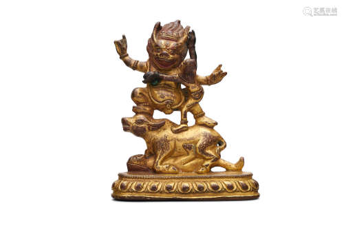 18th/19th century A Tibetan gold lacquered bronze figure group of Yama Dharmaraja and consort