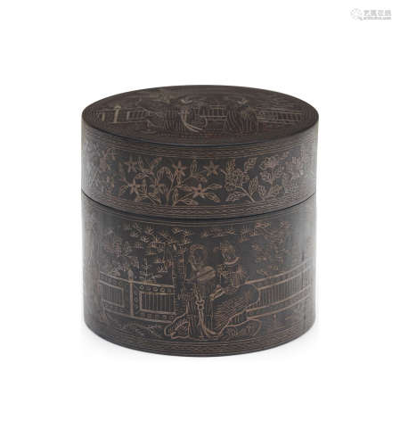 Qianlong six-character seal mark to the base, Qing dynasty A Dege wrought iron circular covered box with silver inlay