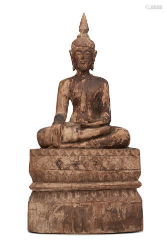 19th century A Lao carved wooden figure of Shakyamuni