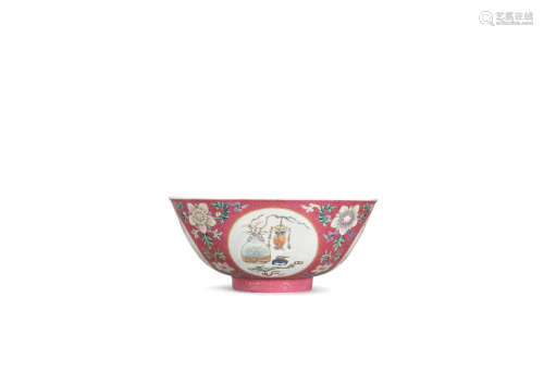 Daoguang six character seal mark in underglaze blue A famille rose pink-ground 'bogu' medallion bowl
