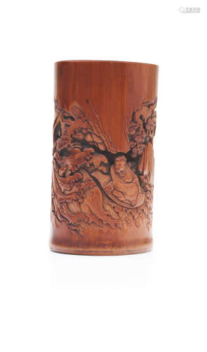 Attributed to Shi Chengzhi (Qing dynasty), incised mark Qingxi Shanren A carved bamboo 'boating' brush pot