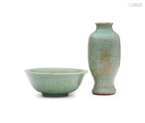 15th century A Longquan celadon glazed bowl and a vase