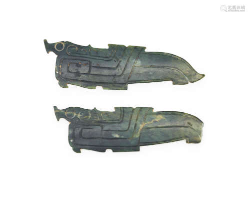 A pair of archaistic spinach jade carvings