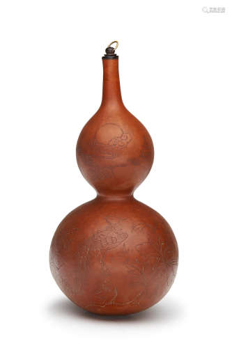 Jiaqing mark, Republic period A moulded and carved double-gourd bottle vase