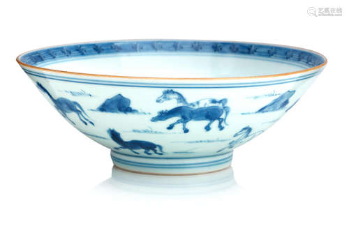 Transitional A blue and white 'Eight Horses of Wang Mu' bowl