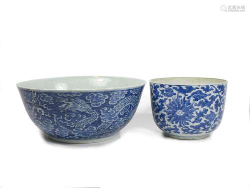 Kangxi and 19th century A blue and white jar together with a very large blue and white bowl