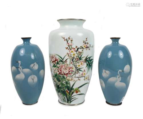A large cloisonné-enamel vase by Ando and a pair of smaller vases