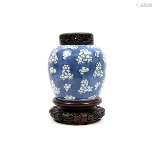 19th century A  blue and white jar with hardwood cover and stand