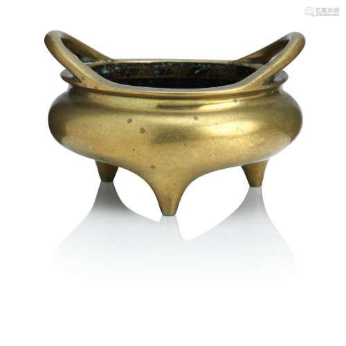 Bearing Xuande six-character mark but later A bronze tripod incense burner