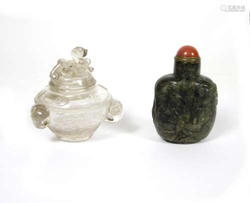 19th century A rock crystal jarlet and cover and a soapstone snuff bottle and cover
