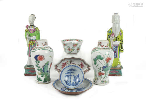 18th and 19th century A pair of small vases, two figures a tea bowl and saucer and a single tea bowl