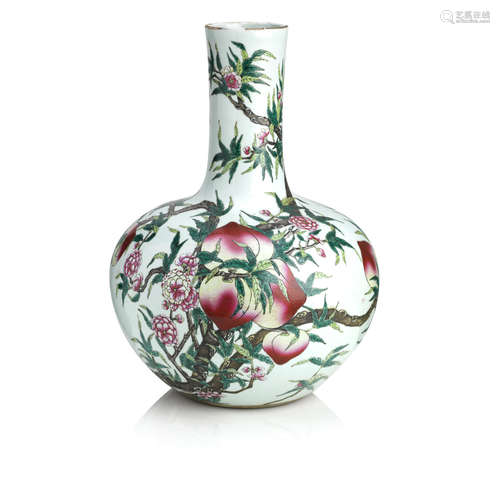 Bearing Qianlong seal mark but later A large famille rose 'nine peach' vase, tianquiping