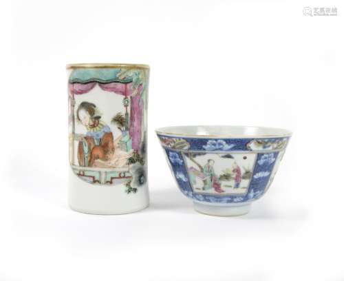 A famille rose brush pot and a teabowl