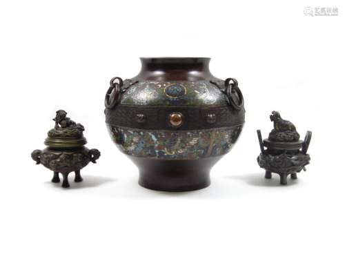 19th century A cloisonné enamel and bronze vase together with two Japanese bronze koros
