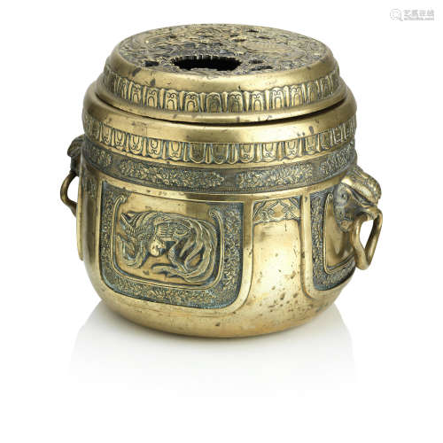 Bearing nine-character mark in zhanshu script A large bronze incense burner with cover