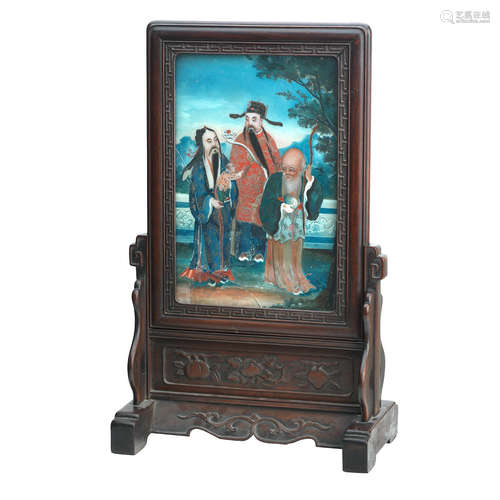 19th century A reverse glass painting mounted as a table mirror on stand