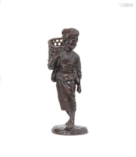 By Masanobu, Meiji era (1868-1912), late 19th/early 20th century A bronze figure of young peasant girl