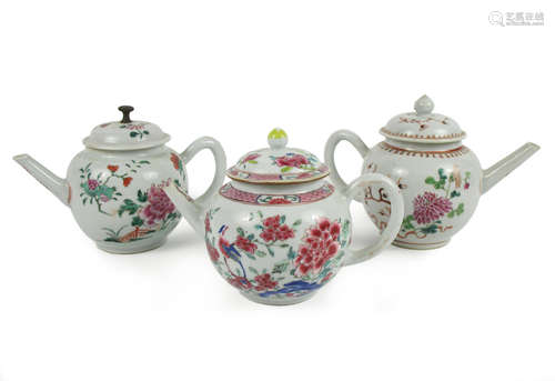 18th century Three famille rose teapots and cover