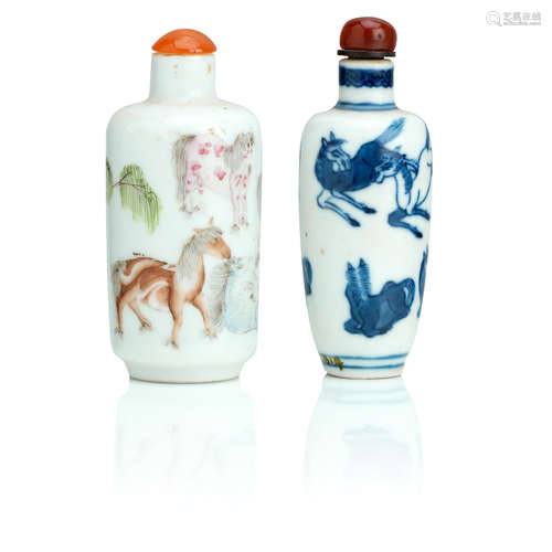 19th century but bearing apocryphal reign marks Two porcelain 'Horses' snuff bottles