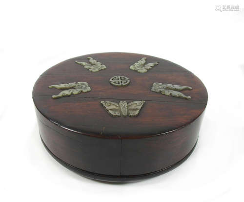 19th century A jade inlaid huanghuali box and cover