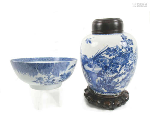 Bowl 18th century, jar 19th century A blue and white bowl and a large jar with wood cover and stand