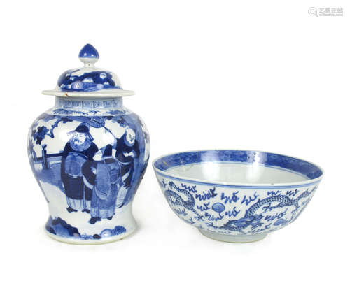 Kangxi marks but 19th century A blue and white jar and cover and a bowl