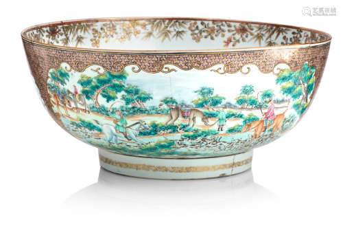 18th century A large famille rose 'hunt scene' punch bowl