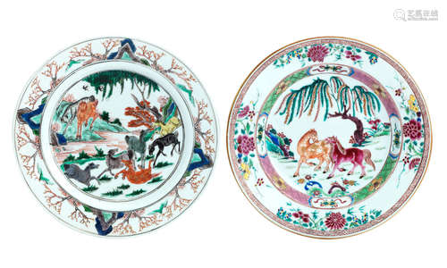 18th century A famille rose dish and famille verte 'Eight Horses of Mu Wang' dish