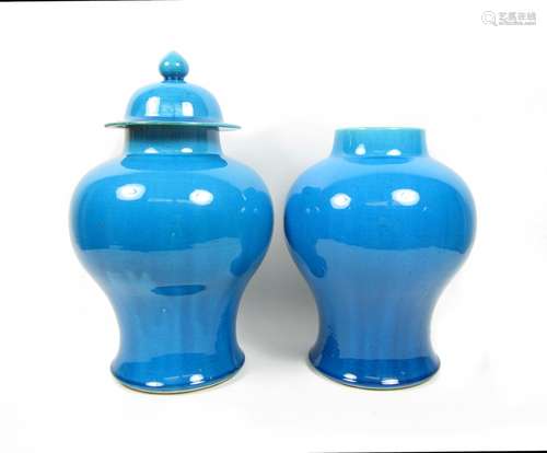 19th century A pair of turquoise-glazed vases, one with cover