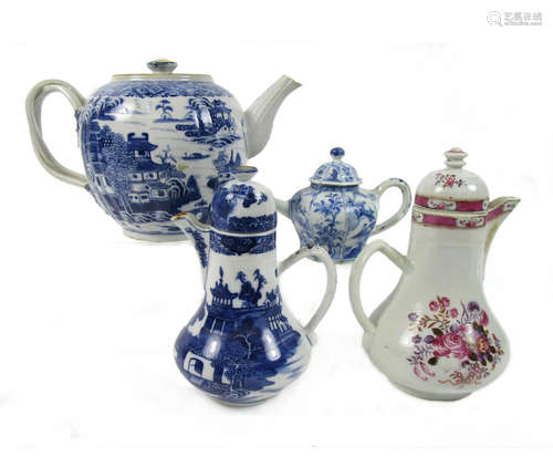 18th and 19th century A large sized blue and white tea pot and cover, two coffee pots with covers and a small hexagonal teapot and cover