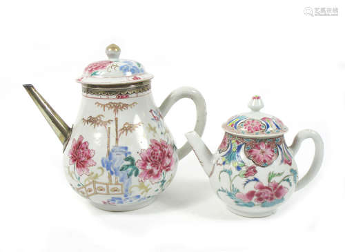 18th century A baluster teapot and cover together with a smaller teapot and cover