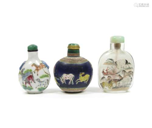 19th century Three 'Eight Horses of Mu Wang' snuff bottles