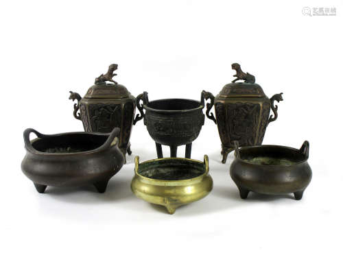 Mainly 19th century A pair of Japanese koros with covers and four various Chinese incense burners